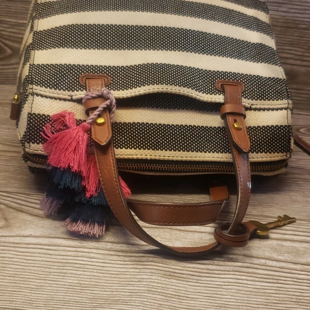 Fossil striped gray and cream canvas satchel bag